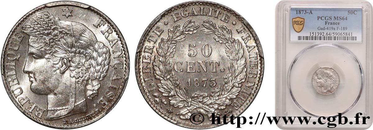 50 centimes Cérès, IIIe République 1873 Paris F.189/5 MS64 PCGS