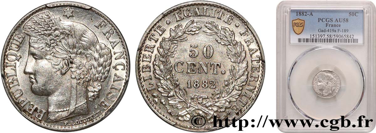 50 centimes Cérès, IIIe République 1882 Paris F.189/10 SUP58 PCGS