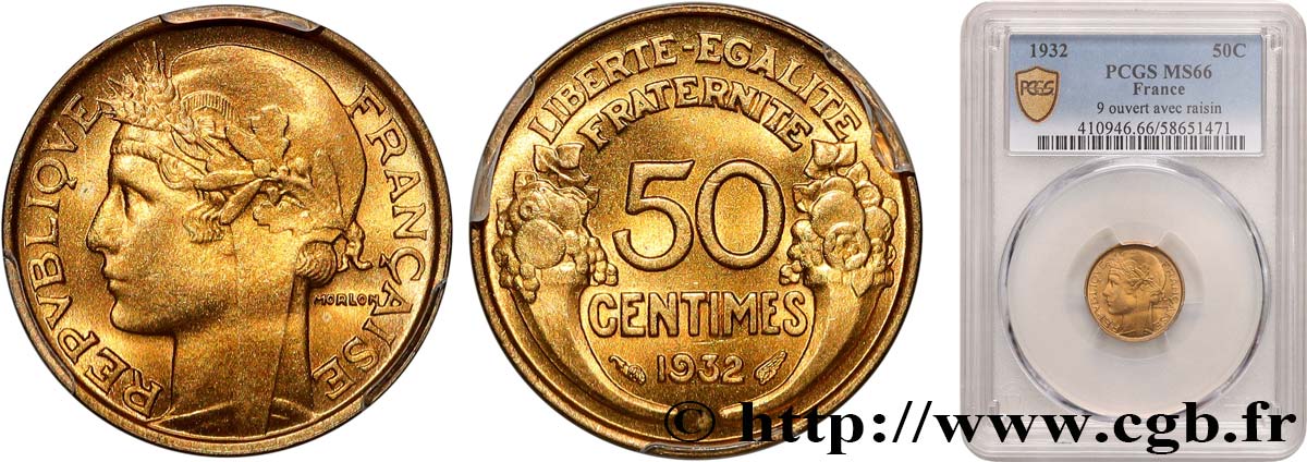 50 centimes Morlon, avec raisin, 9 et 2 ouverts 1932  F.192/7 FDC66 PCGS