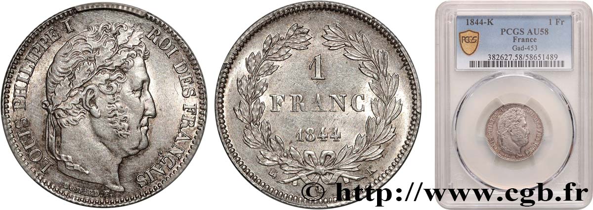 1 franc Louis-Philippe, couronne de chêne 1844 Bordeaux F.210/98 SUP58 PCGS