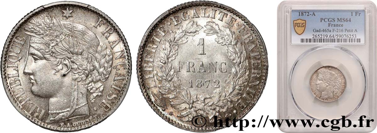 1 franc Cérès, IIIe République 1872 Paris F.216/5 SPL64 PCGS