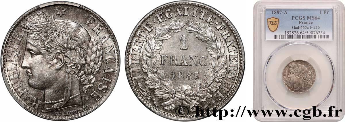 1 franc Cérès, IIIe République 1887 Paris F.216/9 SPL64 PCGS