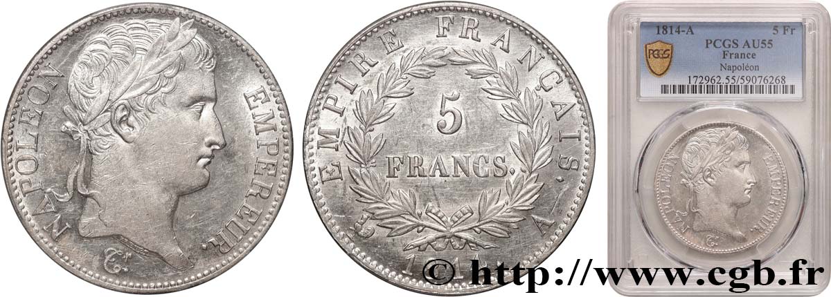 5 francs Napoléon Empereur, Empire français 1814 Paris F.307/76 AU55 PCGS