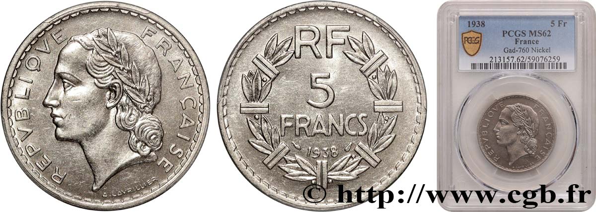 5 francs Lavrillier, nickel 1938  F.336/7 EBC62 PCGS