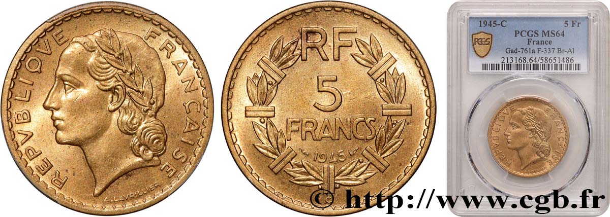 5 francs Lavrillier, bronze-aluminium 1945 Castelsarrasin F.337/6 SPL64 PCGS