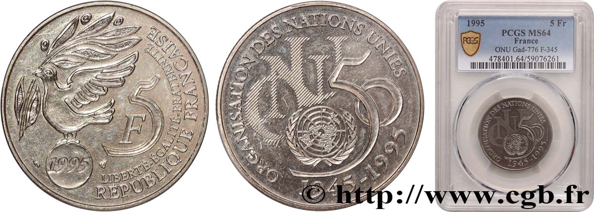 5 francs Cinquantenaire de l’ONU 1995 Pessac F.345/1 SC64 PCGS