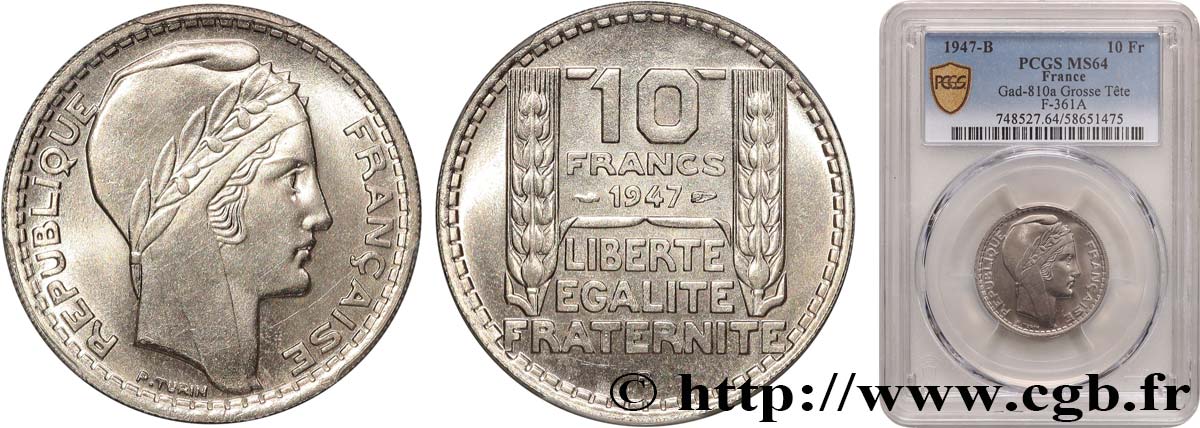 10 francs Turin, grosse tête 1947 Beaumont-Le-Roger F.361A/5 SC64 PCGS