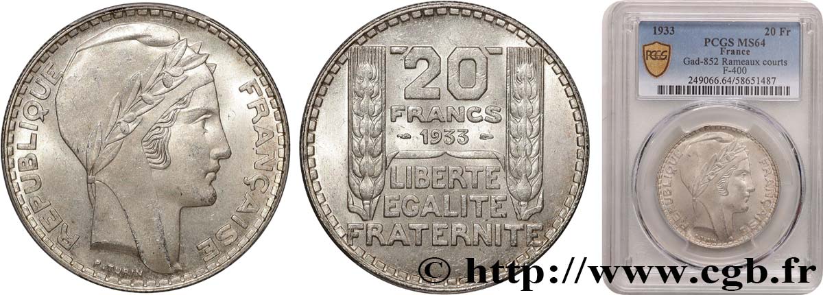 20 francs Turin, rameaux courts 1933  F.400/4 SC64 PCGS