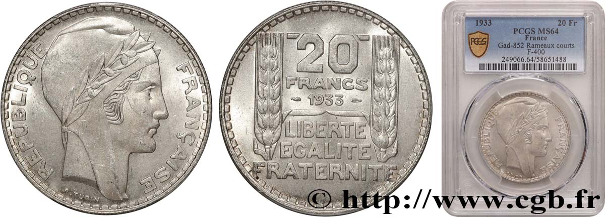 20 francs Turin, rameaux courts 1933  F.400/4 SPL64 PCGS
