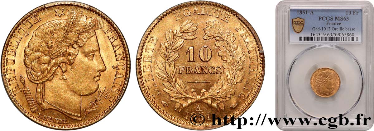 10 francs or Cérès, IIe République 1851 Paris F.504/3 SC63 PCGS