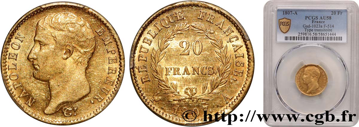 20 francs or Napoléon tête nue, type transitoire 1807 Paris F.514/1 AU58 PCGS