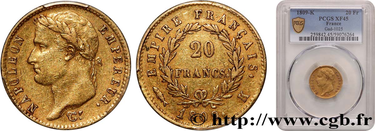 20 francs or Napoléon, tête laurée, Empire français 1809 Bordeaux F.516/3 TTB45 PCGS