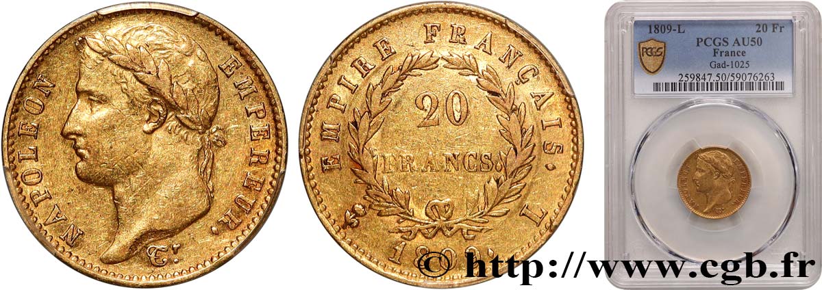 20 francs or Napoléon, tête laurée, Empire français 1809 Bayonne F.516/4 TTB50 PCGS