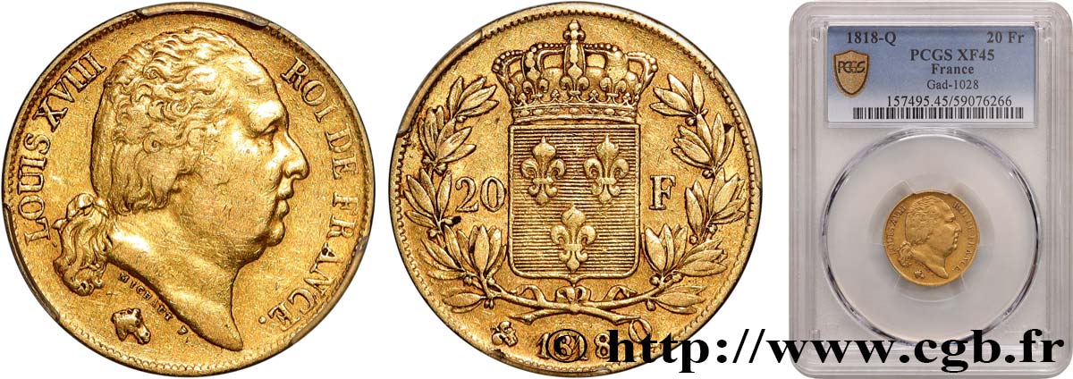 20 francs or Louis XVIII, tête nue 1818 Perpignan F.519/12 MBC45 PCGS