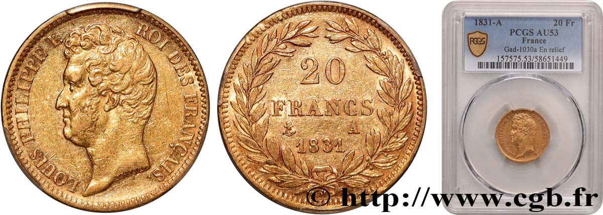 20 francs or Louis-Philippe, Tiolier, tranche inscrite en relief 1831 Paris F.525/2 AU53 PCGS