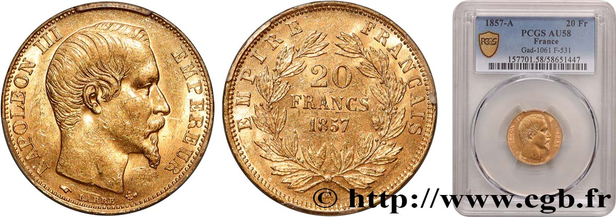 20 francs or Napoléon III, tête nue 1857 Paris F.531/12 SUP58 PCGS