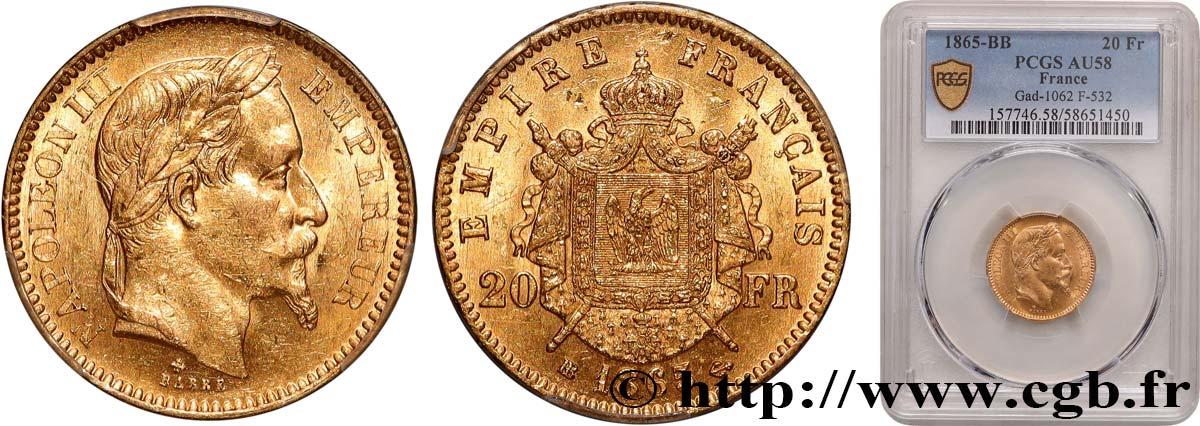 20 francs or Napoléon III, tête laurée 1865 Strasbourg F.532/12 SUP58 PCGS
