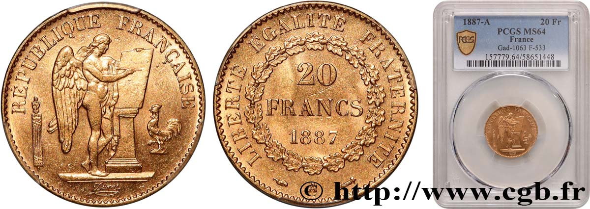 20 francs génie, Troisième république 1887 Paris F.533/10 SPL64 PCGS