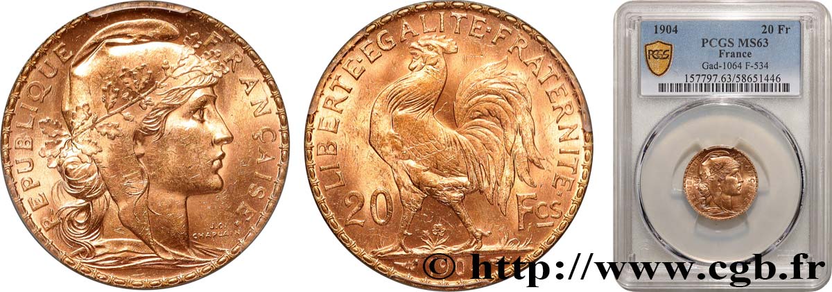 20 francs Coq, Dieu protège la France 1904 Paris F.534/9 SC63 PCGS