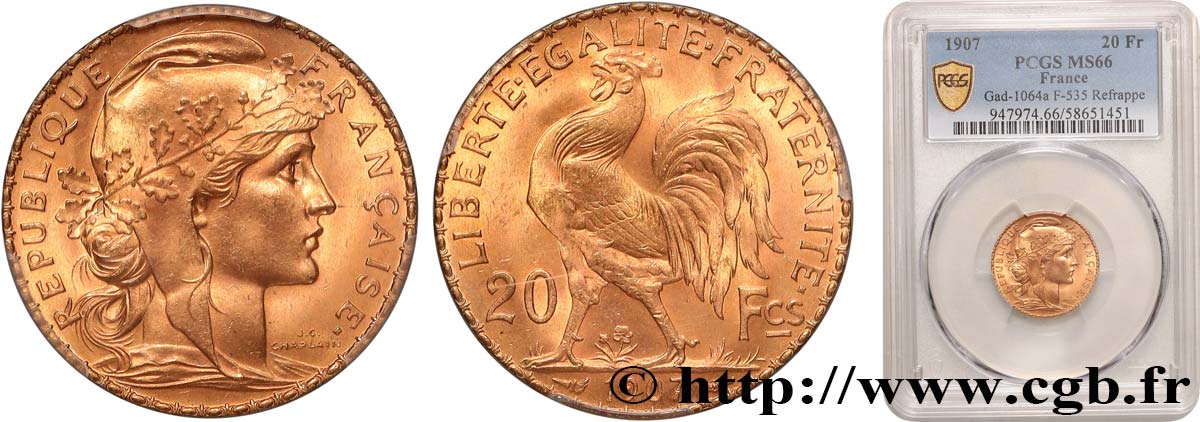 20 francs or Coq, Liberté Égalité Fraternité 1907 Paris F.535/1 MS66 PCGS