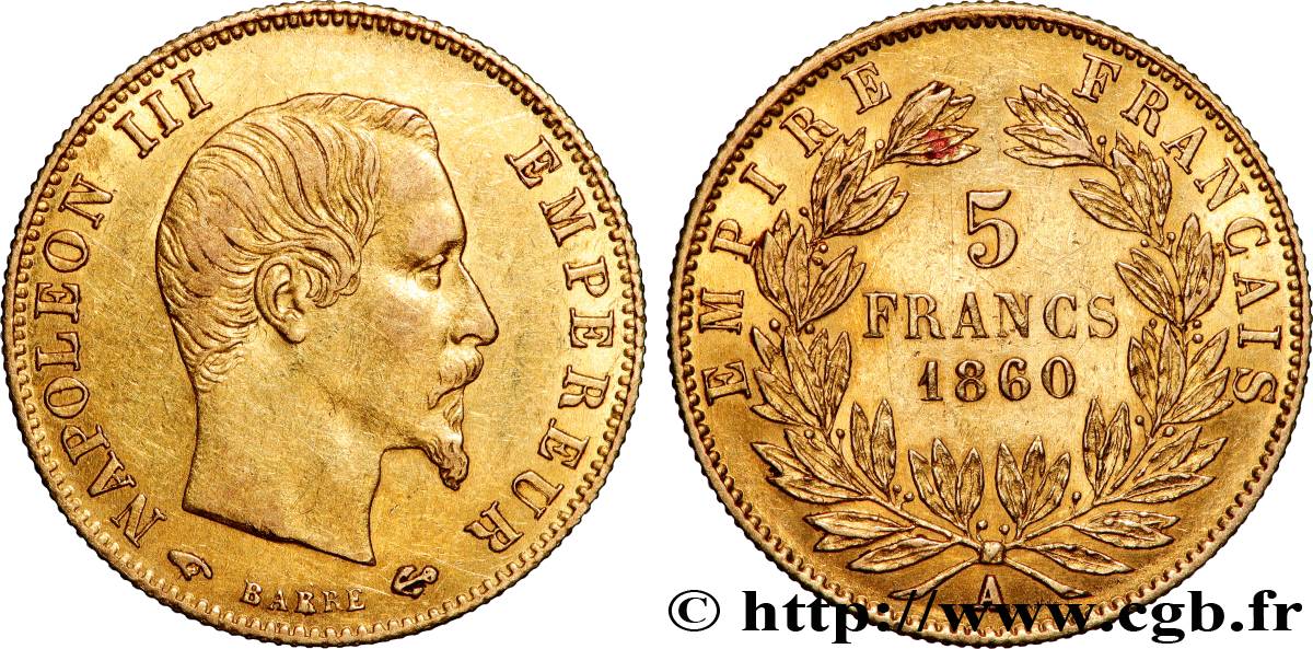 5 francs or Napoléon III, tête nue, grand module 1860 Paris F.501/10 TTB+ 