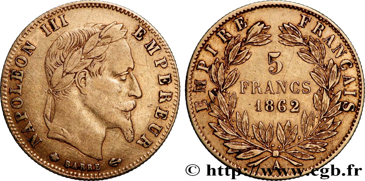 5 francs or Napoléon III, tête laurée 1862 Paris F.502/1 TB+ 