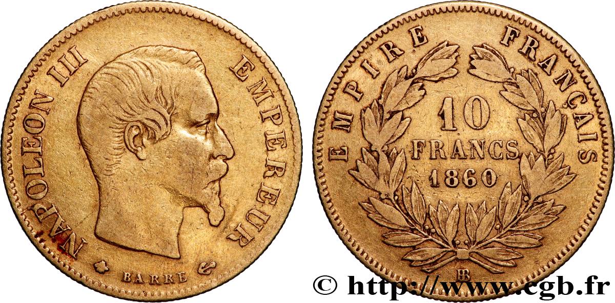 10 francs or Napoléon III, tête nue 1860 Strasbourg F.506/11 VF 