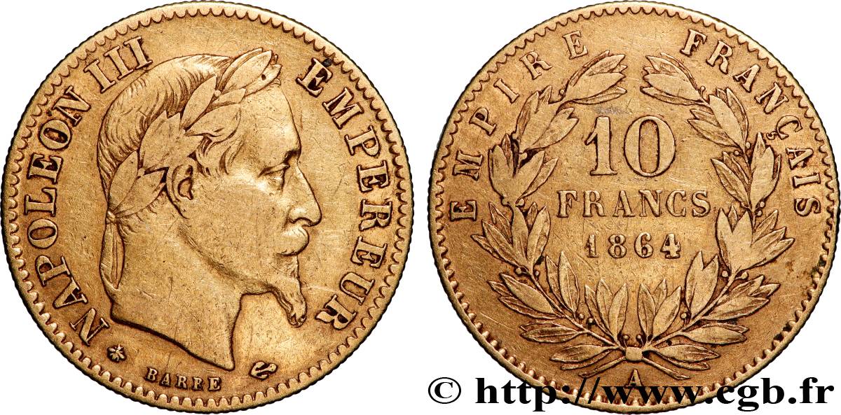 10 francs or Napoléon III, tête laurée, type définitif à grand 10 1864 Paris F.507A/6 MB 