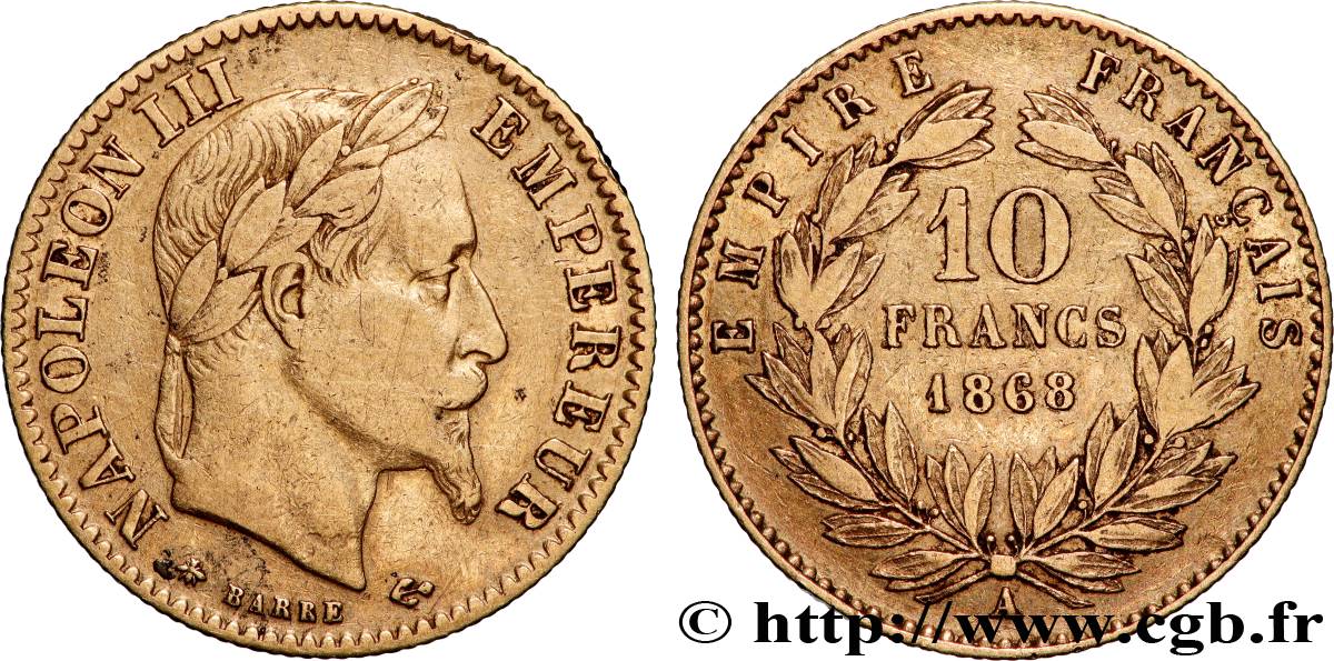 10 francs or Napoléon III, tête laurée 1868 Paris F.507A/17 VF 