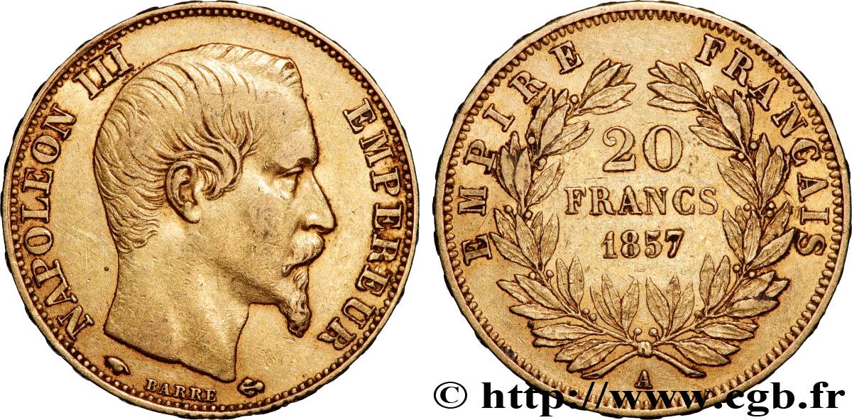 20 francs or Napoléon III, tête nue 1857 Paris F.531/12 BB 