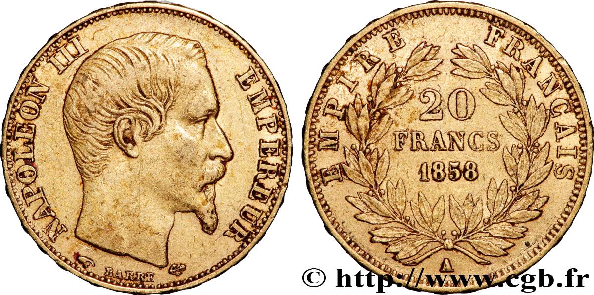 20 francs or Napoléon III, tête nue 1858 Paris F.531/13 q.SPL 