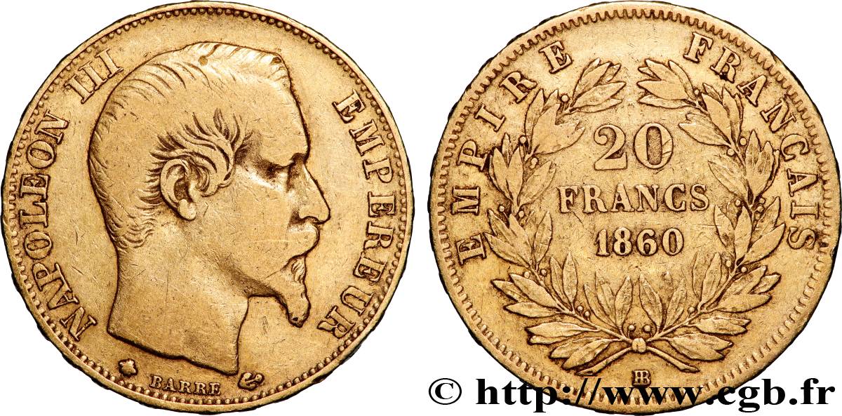 20 francs or Napoléon III, tête nue 1860 Strasbourg F.531/20 TB 