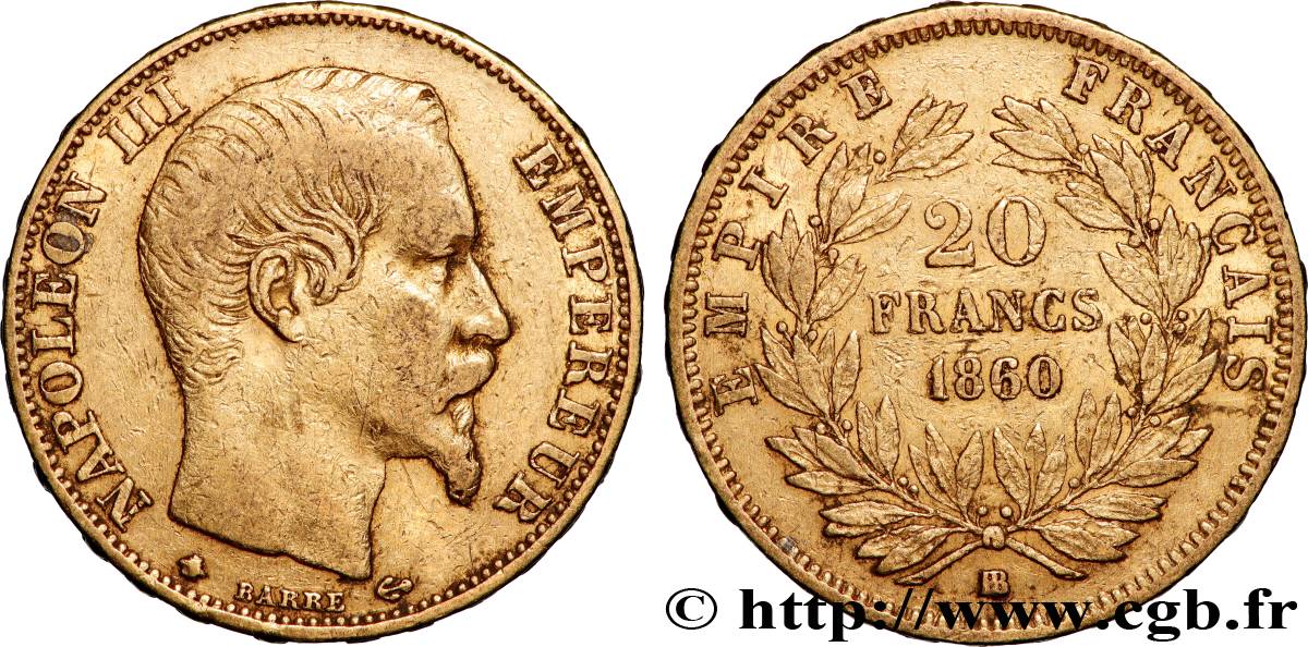 20 francs or Napoléon III, tête nue 1860 Strasbourg F.531/20 TTB 