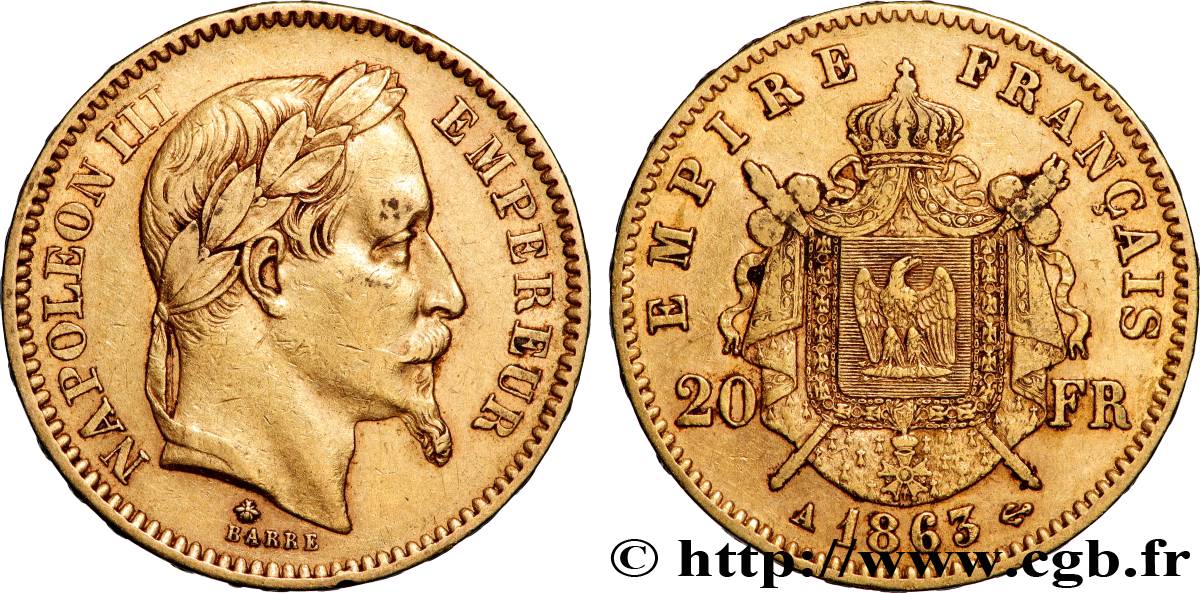 20 francs or Napoléon III, tête laurée 1863 Paris F.532/6 XF 