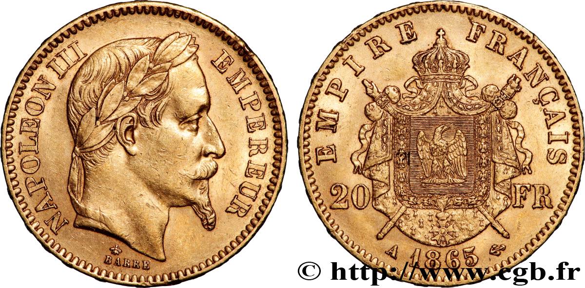 20 francs or Napoléon III, tête laurée 1865 Paris F.532/11 TTB+ 