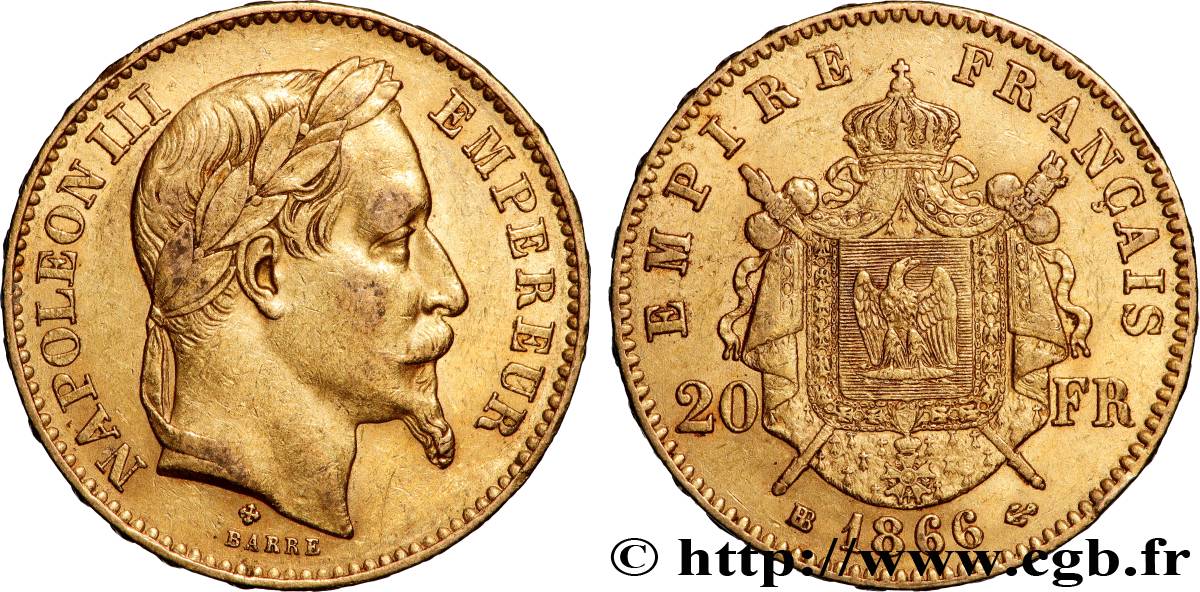 20 francs or Napoléon III, tête laurée 1866 Strasbourg F.532/14 TTB+ 