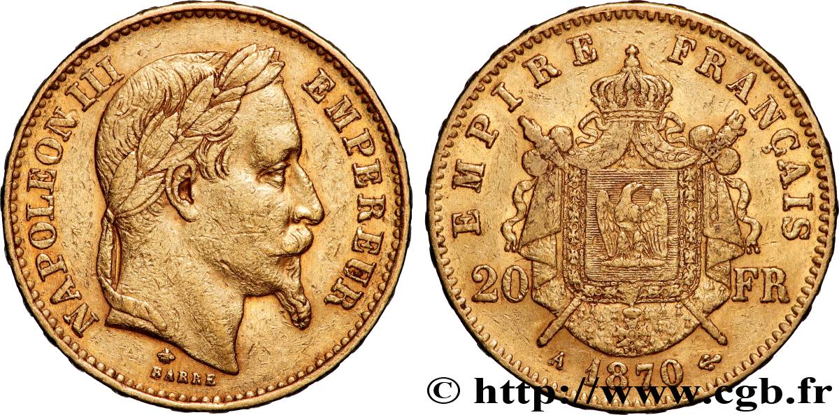 20 francs or Napoléon III, tête laurée 1870 Paris F.532/23 TB 