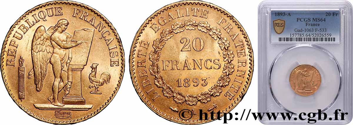 20 francs or Génie, Troisième République 1893 Paris F.533/17 MS64 PCGS