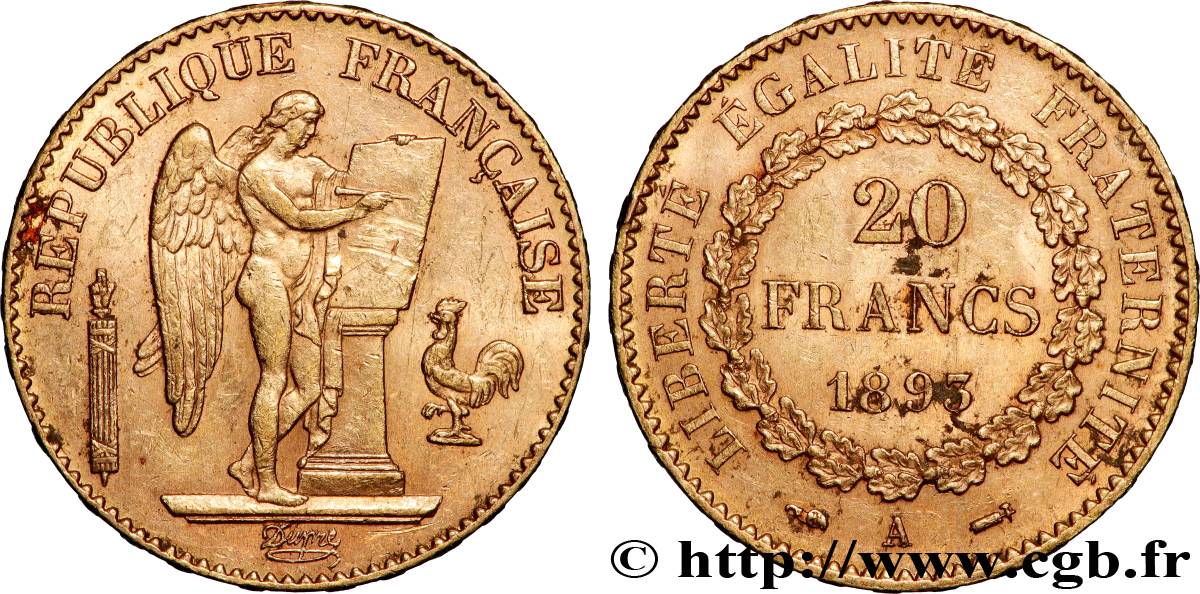 20 francs or Génie, Troisième République 1893 Paris F.533/17 TTB 