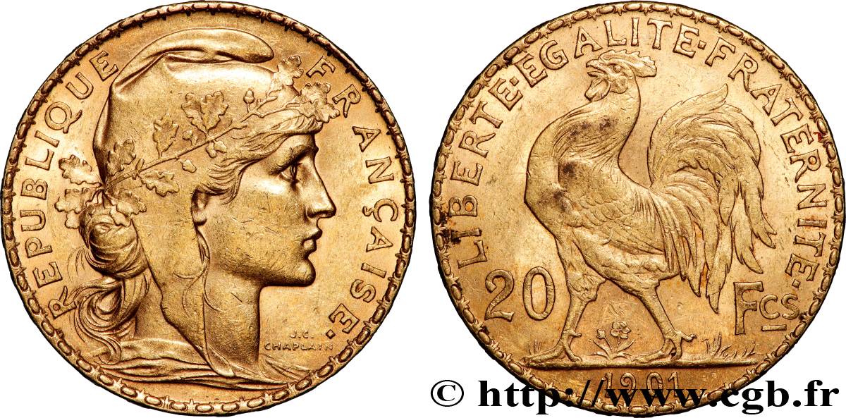 20 francs or Coq, Dieu protège la France 1901 Paris F.534/6 AU 