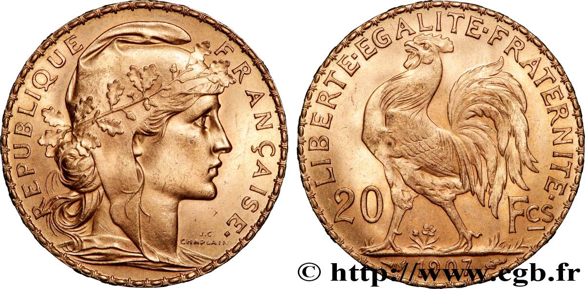 20 francs or Coq, Liberté Égalité Fraternité 1907 Paris F.535/1 SPL 