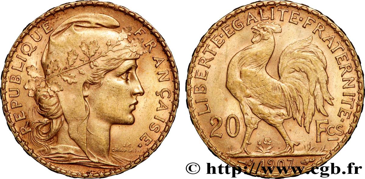 20 francs or Coq, Liberté Égalité Fraternité 1907 Paris F.535/1 AU 