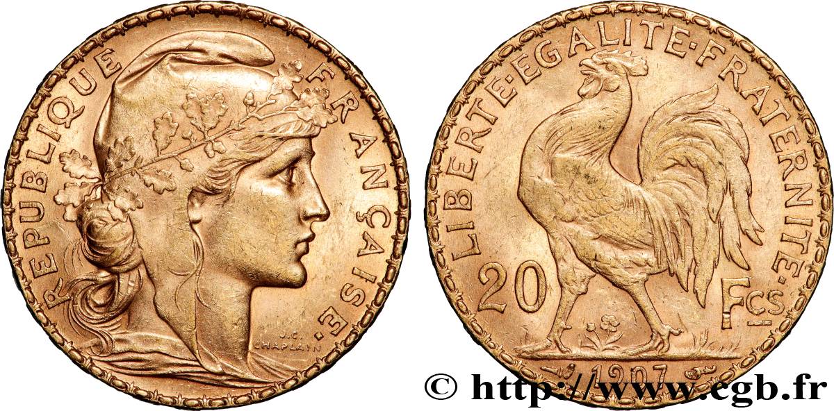 20 francs or Coq, Liberté Égalité Fraternité 1907 Paris F.535/1 q.SPL 