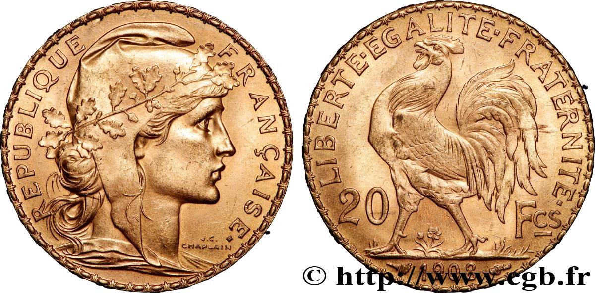 20 francs or Coq, Liberté Égalité Fraternité 1908 Paris F.535/2 SPL+ 