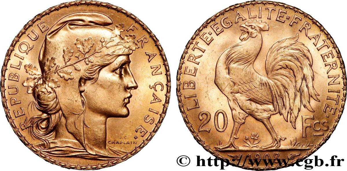 20 francs or Coq, Liberté Égalité Fraternité 1908 Paris F.535/2 SPL 