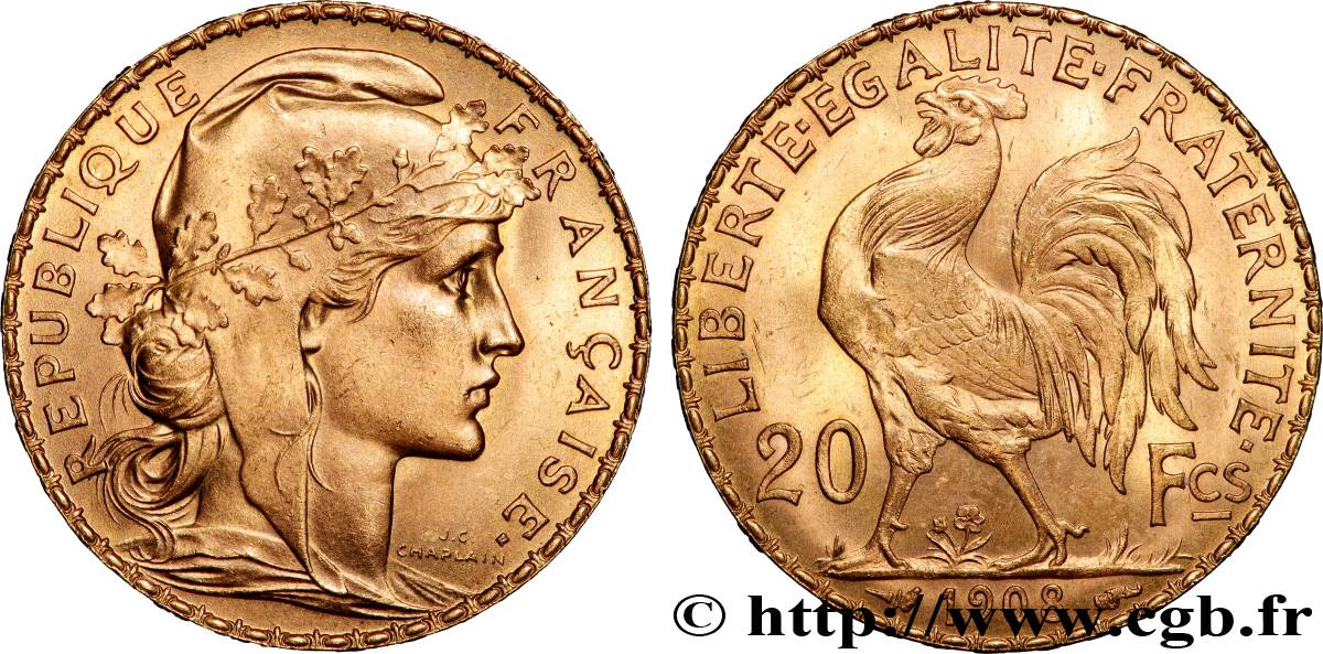 20 francs or Coq, Liberté Égalité Fraternité 1908 Paris F.535/2 SPL 