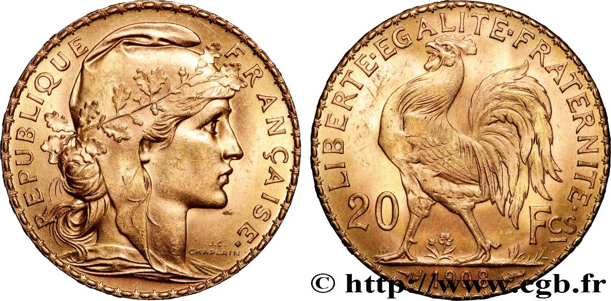 20 francs or Coq, Liberté Égalité Fraternité 1908 Paris F.535/2 fST 