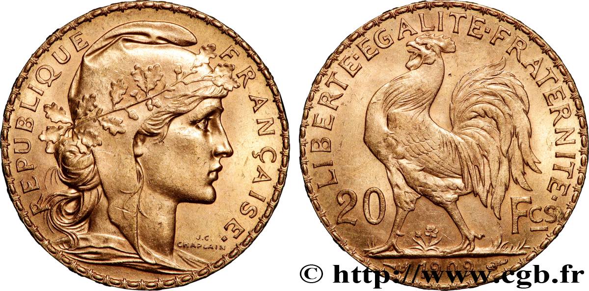 20 francs or Coq, Liberté Égalité Fraternité 1909 Paris F.535/3 SUP+ 