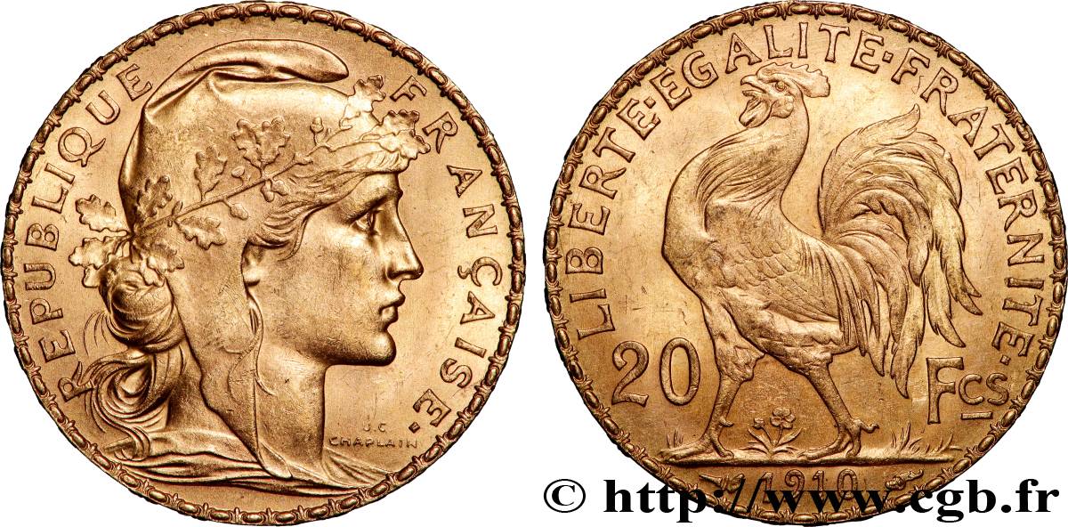 20 francs or Coq, Liberté Égalité Fraternité 1910 Paris F.535/4 SUP+ 