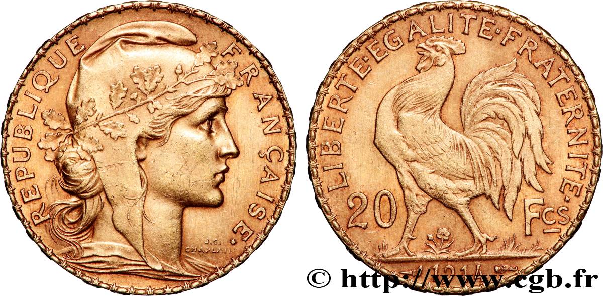 20 francs or Coq, Liberté Égalité Fraternité 1914 Paris F.535/8 q.SPL 